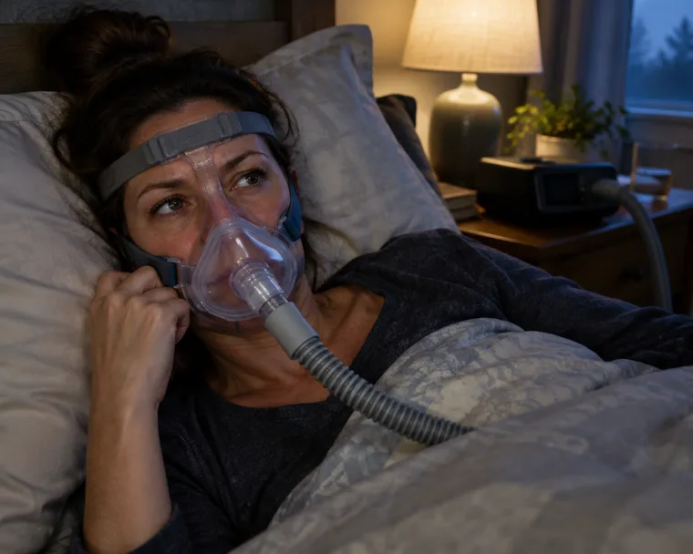 A tired patient lying awake in bed wearing a CPAP mask